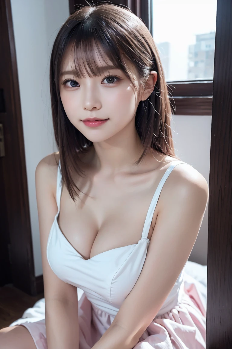 masterpiece, highest quality, 8k,Ultra-high resolution、Head to knee photo、 20th Generation, Large Breasts, cute, alone, Please smile faintly, cute, girly, cute、Delicate girl, Pure beauty, RAW Photos, Professional photography, Soft Light, Professional Lighting, Backlight, avert your eyes, Sophisticated, Film Grain, (Eye and facial details:1.0), Floating Hair、Messy Hair、Wavy long hair、Asymmetrical bangs, Round face、Young Face、(Large Breasts:1.0)、nipple protrusions are clearly visible,、(Grayish pink dress)、Voluptuous thighs、Translucent white skin、dolly make、(Odd Eye、Heterochromia iridis、golden eye silver eye、The irises of the left and right eyes are different colors)
