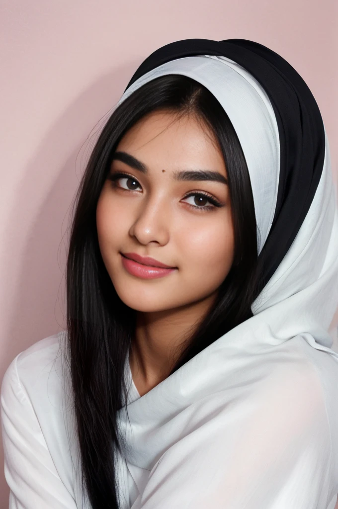 indian beautiful different cute Indian face Indian girl, wearing hijab, different hairstyle, bright eyes, thin eyebrows, fair skin, blushing cheeks, head to thigh close up view, smiling face, ultra realistic skin texture, Straight front view standing, beautiful different background, ultra realistic, close up head to thigh view, black hair, Provocative eye Contact, glossy lipstick, attractive eye contract face, lighting shadows effect