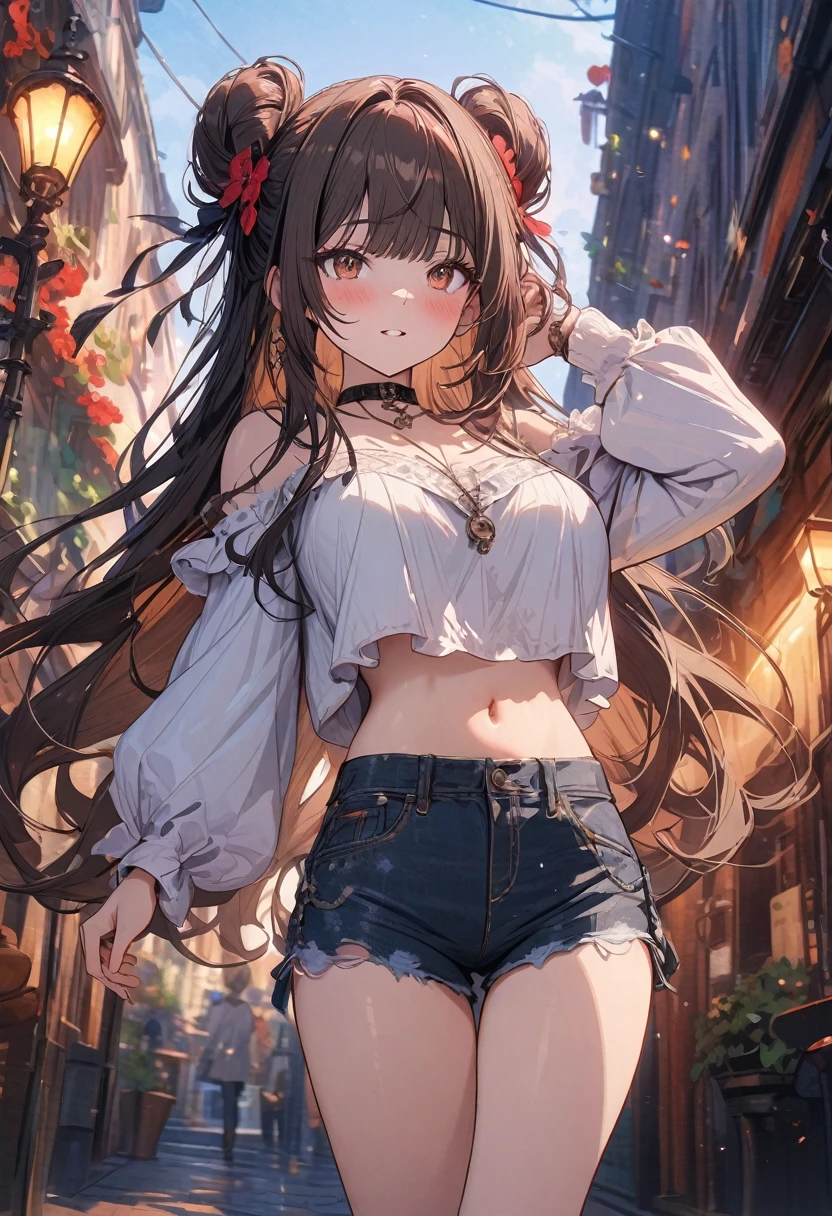 (masterpiece), best quality, very aesthetic, newest, absurdres, detailed, high quality
BREAK
highest quality, top quality, details, highres, ultra fine painting, digital art, official art, cinematic, 4k, 8k resolution, 8K CG wallpaper, CG, original artwork, detailed background, colorful background, blue atmosphere, High Dynamic Range, blurry background, blue hour, Starburst effects, crepuscular rays, good ISO, high resolution, wide shot, from far away, RAW photo, POV, sharp focus, light reflection, reflections, intricate details, soft light, particle noise, professional photography, bokeh, depth of field, natural lighting, vibrant colors, looking away, detailed lights and shadows, stylish, ultra-detailed, top rated on Pixiv, trending on Artstation, niji style, modern-days, master crafted, pose
BREAK
solo, (close up), 1girl, pale skin, correct fingers, detailed hand, (big breasts:1.2), big thighs, small torso, short body, flushtered, blush, anxious expression, embarassed, embarassed act, casual, slim, ((cute, childlike face):1.3), nice hips, nice body, brown hair, (very long flowing hair), (big 2 buns hairstyle)), long bangs, long hair, middle hair bangs, brown eyes
BREAK
(white loose-fitting crop shirt, long sleeve, denim shorts, choker, casual wear style, detailed tummy, belly button, modern fashion)
BREAK
Empty streets background, anime background, quiet street, street lamps, sky