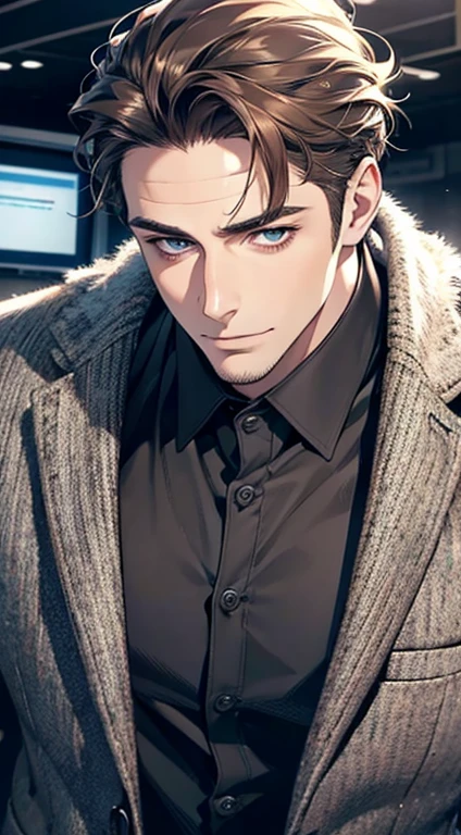 (best quality,4k,8k,highres,masterpiece:1.2),ultra-detailed,(realistic,photorealistic,photo-realistic:1.37),1 man,31 years old,mature man,very handsome,without expression,smile,short grey brown hair,blue eyes,penetrating gaze,perfect face without errors,imposing posture,businessman,office background,cinematic lighting,hdr image