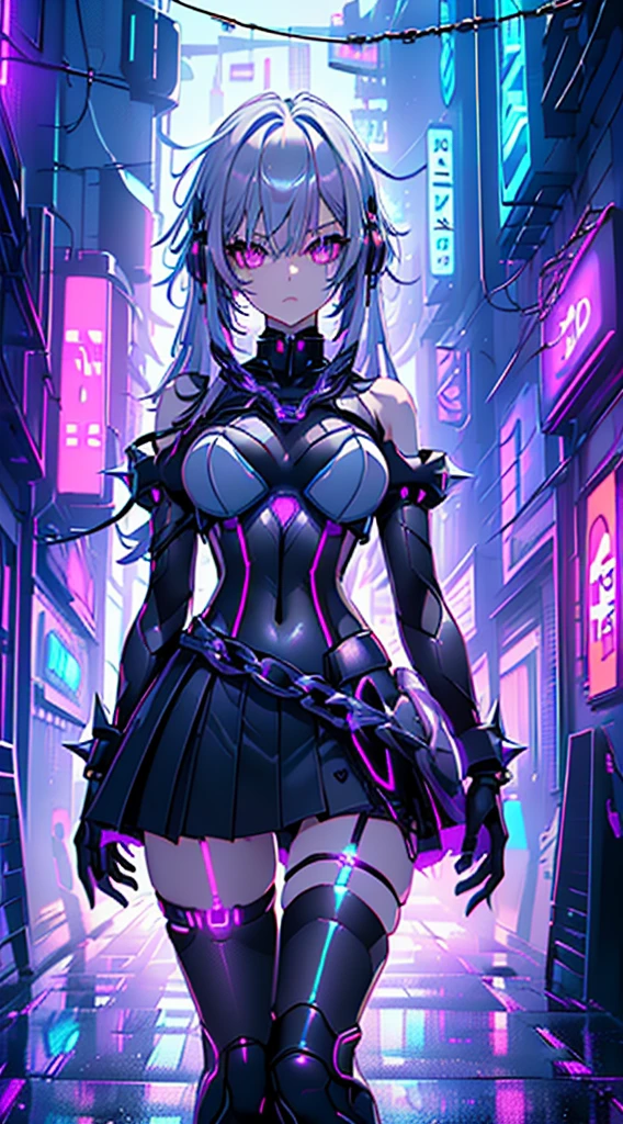 top-quality、Top image quality、masterpiece、Android Girl((sixteen years old 、Broken, skinny , cybersuit glowing black, red and white、neon energy source for the chest 、Light blue shiny hair、Long hair , spiky hair, messy hair, long fringe on hair, holding a chain whip, chains around her body, giant chains, Cyber Skirt、purple neon eyes 、Valley、Happiness、A slender))hiquality、Beautiful Art、Background streets (cyberpunk city、masutepiece、Elaborate design、visualart、Theatrical films, glowing neon eyes, cyberpunk, futuristic, white silver hair, no pupils on eyes