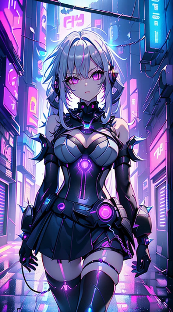 top-quality、Top image quality、​masterpiece、Android Girl((sixteen years old 、Broken, skinny , cybersuit glowing black, red and white、neon  energy source for the chest 、Light blue shiny hair、Long hair , spiky hair, messy hair, long fringe on hair, holding a chain whip, chains around her body, giant chains, Cyber Skirt、purple neon eyes 、Valley、Happiness、A slender)）hiquality、Beautiful Art、Background streets (cyberpunk city、masutepiece、Elaborate design、visualart、Theatrical films, glowing neon eyes, cyberpunk, futuristic, white silver hair, no pupils on eyes