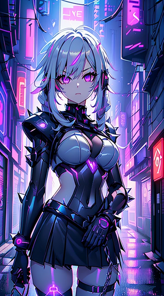 top-quality、Top image quality、​masterpiece、Android Girl((sixteen years old 、Broken, skinny , cybersuit glowing black, red and white、neon  energy source for the chest 、Light blue shiny hair、Long hair , spiky hair, messy hair, long fringe on hair, holding a chain whip, chains around her body, giant chains, Cyber Skirt、purple neon eyes 、Valley、Happiness、A slender)）hiquality、Beautiful Art、Background streets (cyberpunk city、masutepiece、Elaborate design、visualart、Theatrical films, glowing neon eyes, cyberpunk, futuristic, white silver hair, no pupils on eyes