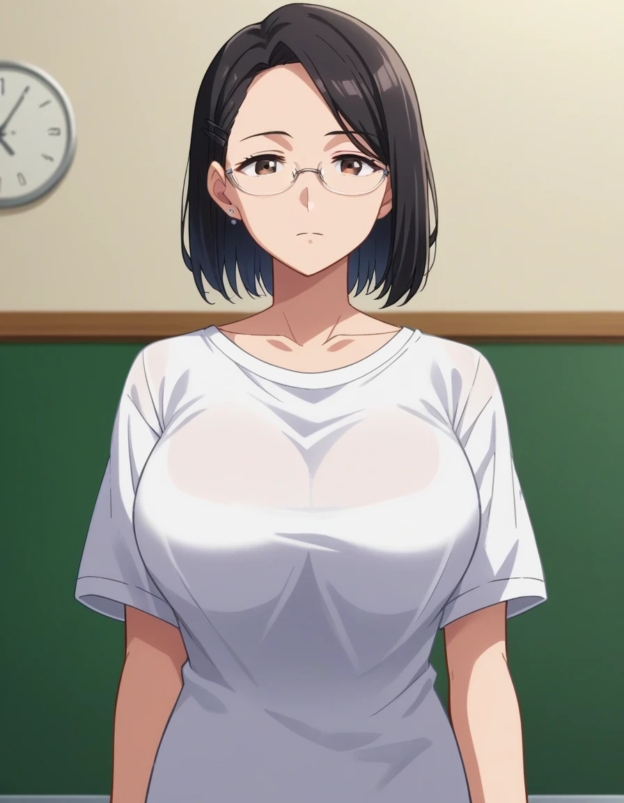 score_10, score_9, score_8_up, score_7_up, BREAK, source_anime, anime screencap, anime coloring, detailed face, a stiff-looking beautiful female teacher, detailed beautiful big brown eyes, large breasts, 36 years old, milf, black hair, skinny, One length medium bob hair, asymmetry_bangs, forehead, hair behind ear, black hairpin, Wears glasses, white shirts, short sleeves, button gap, black micro skirt, skintight, zettai ryouiki thighhighs, (visible black lace thong), teaching in front of the blackboard, (holding a textbook, hand on hip), smile, shaped eyebrows, open mouth, classroom, thigh gap, unshaven hairy natural public hair