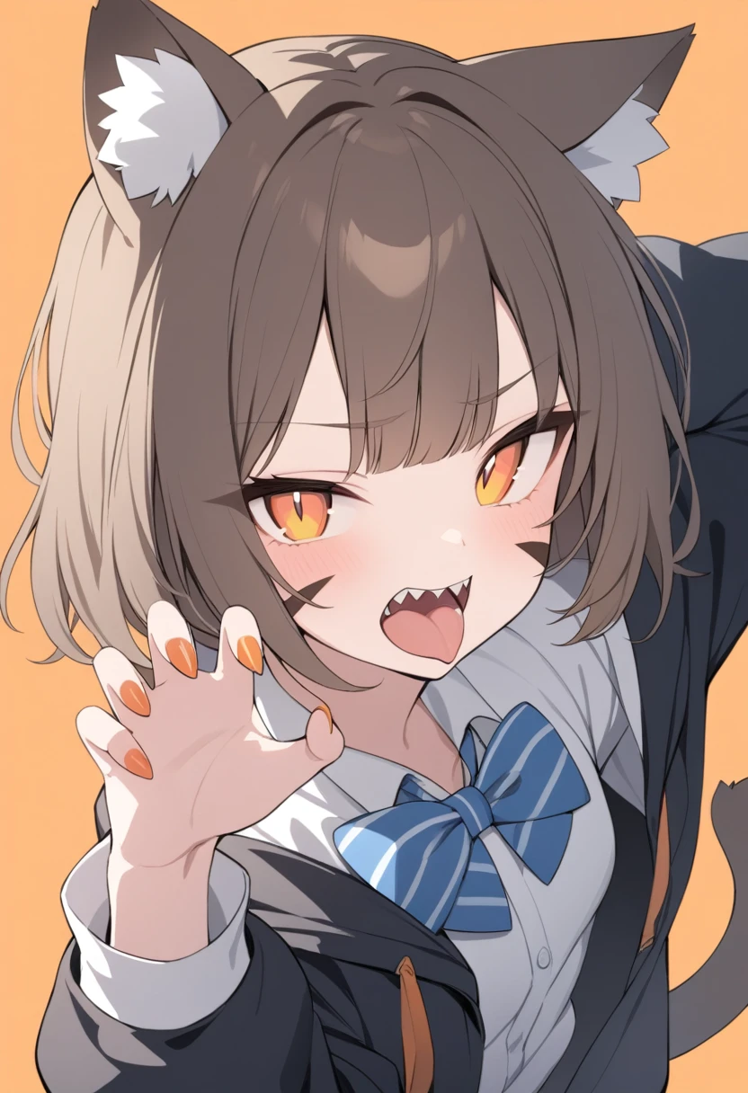 masterpiece, best quality,
1girl, solo, animal ears, bow, teeth, jacket, tail, open mouth, brown hair, orange background, bowtie, orange nails, simple background, cat ears, orange eyes, blue bow, animal ear fluff, cat tail, looking at viewer, upper body, shirt, , hood, striped bow, striped, white shirt, black jacket, blue bowtie, fingernails, long sleeves, cat girl, bangs, fangs, collared shirt, striped bowtie, short hair, tongue, hoodie, sharp teeth, facial mark, claw pose