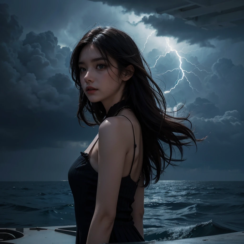 Demonic girl from the clouds  Beautiful girl in the middle of the sea, there is a rainstorm and lightning in the background. Realistic picture, picture beyond imagination, 4k, cinematic, lighting cinematic, ultra uhd