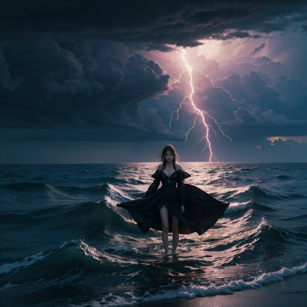 Demonic girl from the clouds  Beautiful girl in the middle of the sea, there is a rainstorm and lightning in the background. Realistic picture, picture beyond imagination, 4k, cinematic, lighting cinematic, ultra uhd