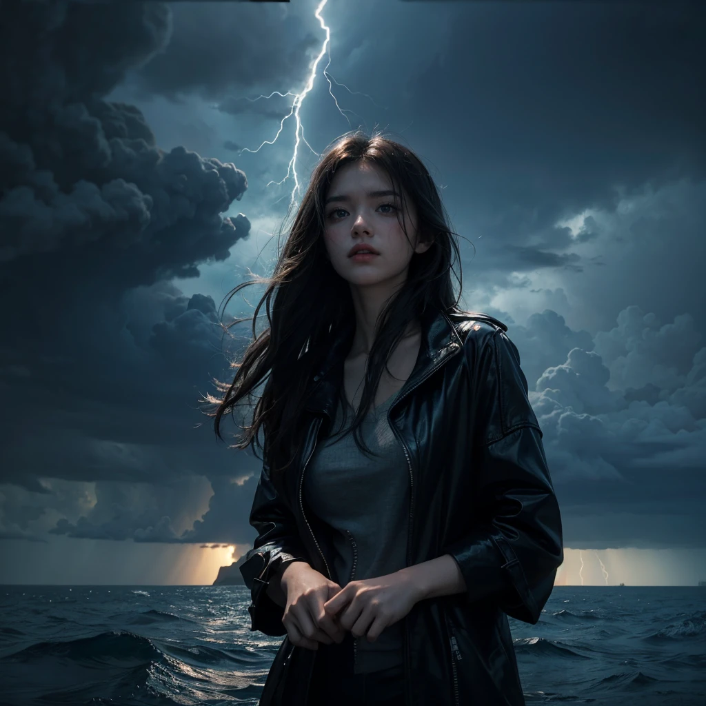 Demonic girl from the clouds  Beautiful girl in the middle of the sea, there is a rainstorm and lightning in the background. Realistic picture, picture beyond imagination, 4k, cinematic, lighting cinematic, ultra uhd