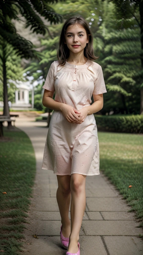((best quality)), ((masterpiece)), ((realistic)), , teen girl, shortl, cute face, mesmerizing blue eyes, short straight dark hair, extremely detailed, natural skin tone, big breast, skin with pores, wearing baju kurung,  portrait, full body shot, fit body, wearing pink shoes, front view, cameltoe, walking in park, shallow depth of field