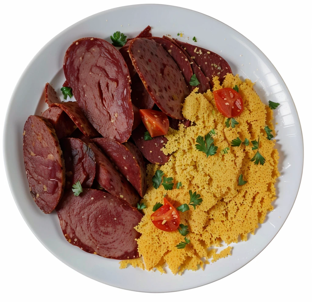 plate of food with sliced pepperoni and brazilian manioc flour, photo realistic, 4k, real plate, white plate, good quality, hd, brazilian food, brazilian farofa, parsley