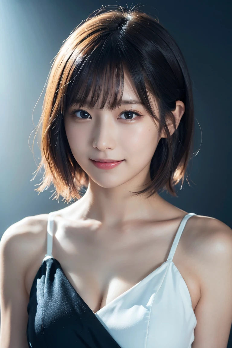 1 girl,(wearing colorful stage costume:1.2),very beautiful japanese idol portrait,close up of face,(RAW photo,best quality),(real,realistic:1.4),(masterpiece),very delicate and beautiful,very detailed,2k wallpaper,amazing,finely detailed,highly detailed CG Unity 8K wallpaper,very detailed,high resolution,soft light,beautiful detailed girl,very detailed eyes and face,beautiful refined nose,finely beautiful eyes,cinema lighting,(simple light color background:1.3),(short hair),(bob),full anatomy,slender body,small breasts,smiling,