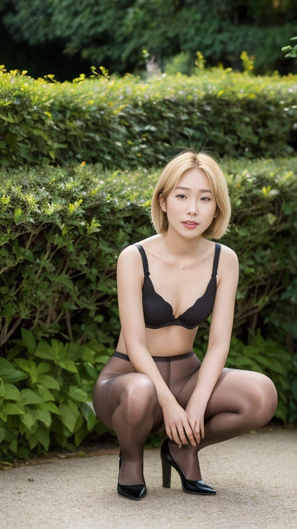 Japanese,young, (alone), 20-year-old, (double),whole body,Golden short straight hair, blonde,Glamour, Pure white skin, Photographed from the front,Observe the audience、(Black bra)、(Black Pantyhose),Black high heels、garden、Squat,Race Queen Costume