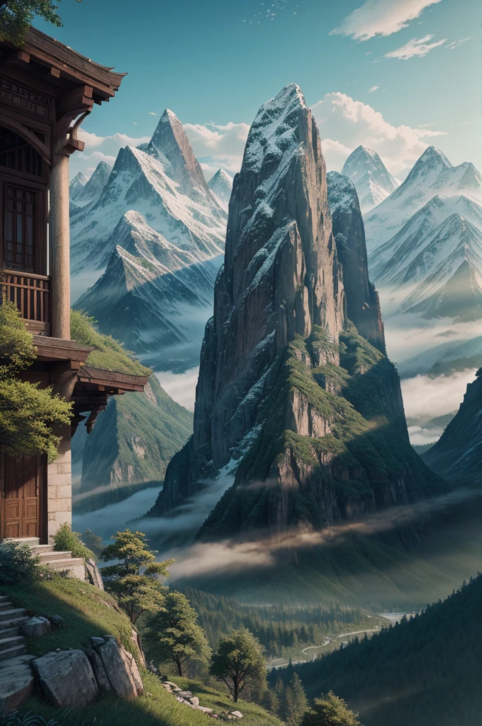  a landscape with mountains and trees, a detailed matte painting by Pu Hua, cgsociety, neo-romanticism, matte painting, 2d game art, anime aesthetic