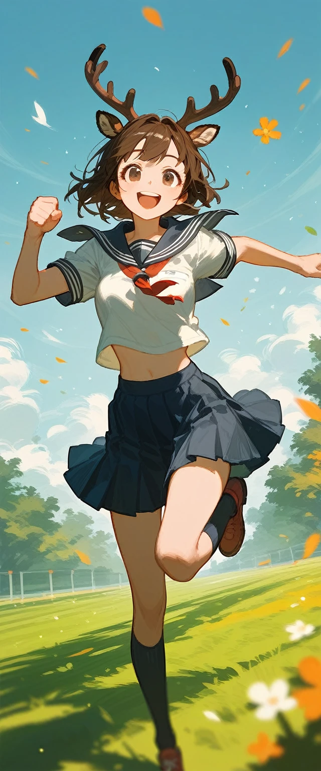 A girl with deer antlers, short brown hair, with sailor uniform, smile happy, running , in school field with a dynamic pose,anime art