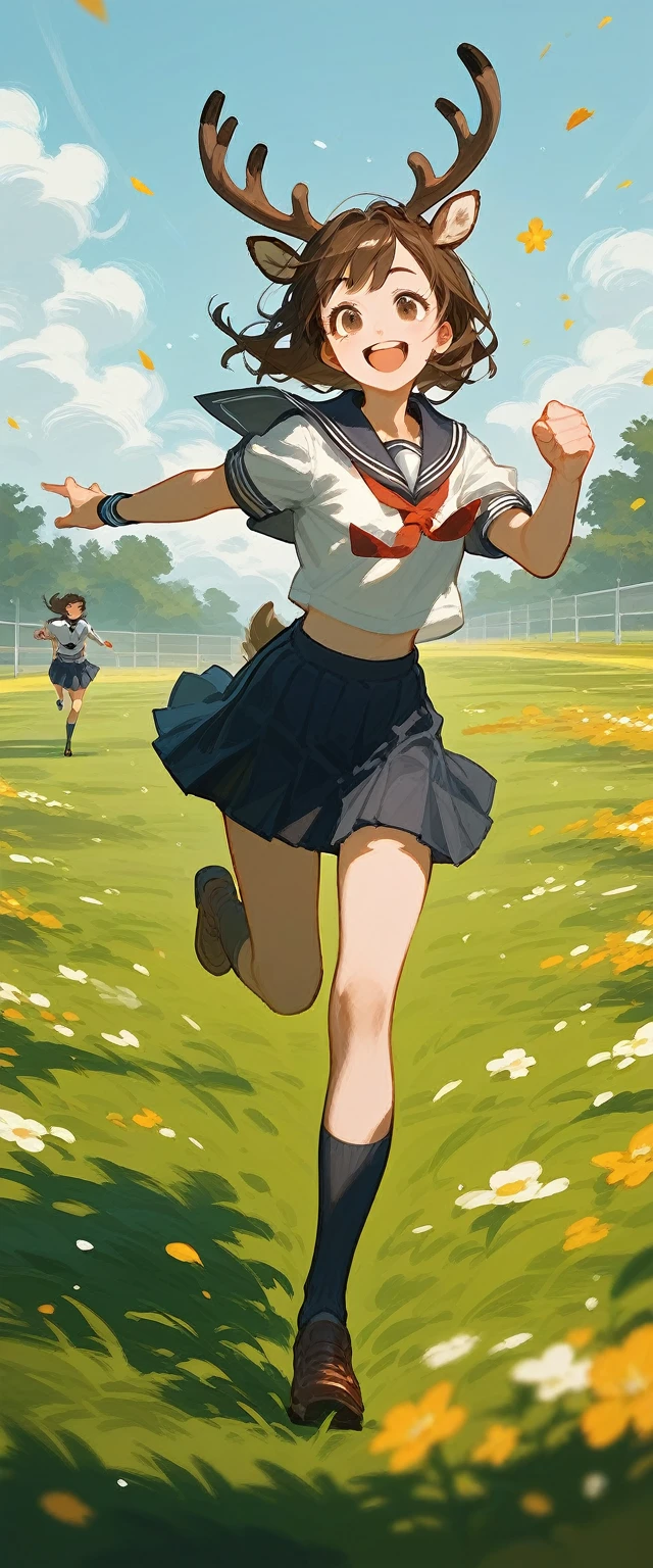 A girl with deer antlers, short brown hair, with sailor uniform, smile happy, running , in school field with a dynamic pose,anime art