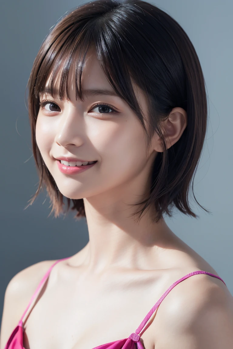 1 girl,(wearing colorful stage costume:1.2),very beautiful japanese idol portrait,close up of face,(RAW photo,best quality),(real,realistic:1.4),(masterpiece),very delicate and beautiful,very detailed,2k wallpaper,amazing,finely detailed,highly detailed CG Unity 8K wallpaper,very detailed,high resolution,soft light,beautiful detailed girl,very detailed eyes and face,beautiful refined nose,finely beautiful eyes,cinema lighting,(simple light color background:1.3),(short hair),(bob),full anatomy,slender body,small breasts,smiling