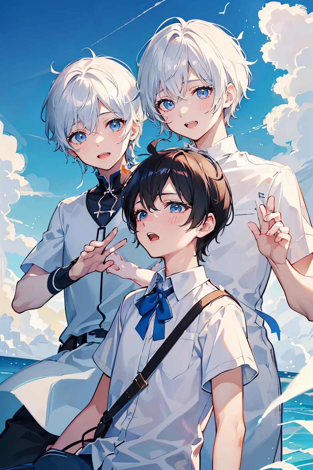 (Mastepiece), (Best Quality), Very detailed, (Two friendly boys:1.5),Shooting from below、Solo Shooting,Perfect Face, Beautiful Face, Very detailed顔,(1 boy with black hair:1.3),(One boy with white hair:1.3)、(short hair:1.3)、(Happy Face:1.4),(Laughing with your mouth open:1.3),(Short-sleeved white shirt:1.4)、(Hair blowing in the wind:1.4),The atmosphere that seems to disappear,(blue sky_cumulonimbus)、summer、ephemeral、Sweat