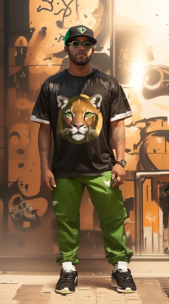An anthropomorphic puma with a puma face, feline whiskers, golden fur and expressive eyes. Es una Full body image, Full body image, with his arms,legs, and feet. Wears a backwards baseball cap with graffiti details, an urban t-shirt with a modern design and tight pants. His fingers are claws, sus legs son peludas, hairy feet, hands and arms are hairy. Un puma antropomórfico muy realista 4k con golden fur and expressive eyes. Wears a backwards baseball cap with graffiti details, an urban t-shirt with a modern design and tight pants. Detail the character a lot. Its claws are adorned with silver rings and a necklace with a shiny medallion.,  anthropomorphic puma is standing, looking forward with a confident and pleasant expression, The pose is full body looking at the camera showing a relaxed but determined pose.. hyperrealistic image with hairy arms Background:
Completely clear green background to highlight the character and be able to crop the image.
