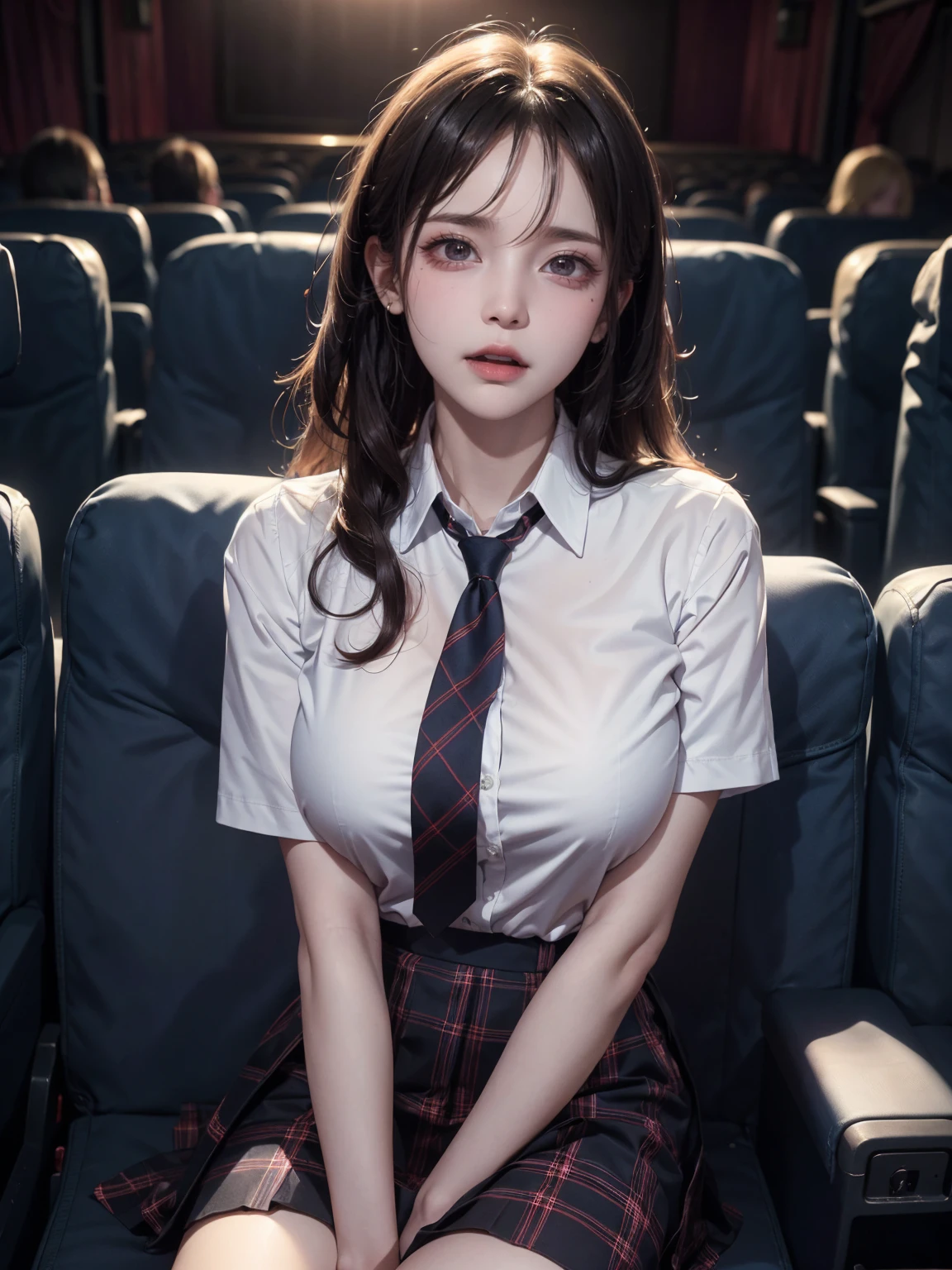 (masterpiece:1.3, Highest quality, Ultra-high resolution, Super detailed), (Realistic, photoRealistic:1.4), Perfect lighting, Natural light, colorful, Depth of written boundary, Browsing Caution, Surrealism, Front view,Beautiful detailed hair, Beautifully detailed face, Beautiful fine details, Beautiful valley,Beautiful clavicle, Beautiful body, thin脚,Beautiful feet, Beautiful breasts,Beautiful Hands, thin, ((1 girl)), Perfect Face, Long eyelashes,Perfect Anatomy, Supermodel with a long neck,((Skinny1.2)),looking at the camera,(Perfect Anatomy,Highly detailed skin), Shiny skin,((beautiful girl:1.1)),(( large breasts:1.3)), ((Surprised:1.3)),(Mid-length hair:1.4, Wavy Hair:1.2, Black Hair) ,hair over one eye, Dainty facial structure,photo shoot, Sharp focus, Face Light,((school uniform, navy skirt in plaid skirt)),((school uniform, short sleeve shirt:1.2)), ((school uniform, tie)), Red hair ribbon,((horror film)), ((crowd)), (put your hand on your face), ((Cinema Seating)), ((Scared:1.3)), Cry with your eyes open, Popcorn, Coca Cola, Disposable cups, stage, night, Open your mouth,A beautiful woman sitting in a movie theater, watching a film. She is relaxed and engaged, with a soft smile on her face. The dimly lit theater features rows of comfortable seats, and the screen in front is illuminated, casting a gentle glow,The background includes other moviegoers, creating a cozy and immersive atmosphere,wide shot,