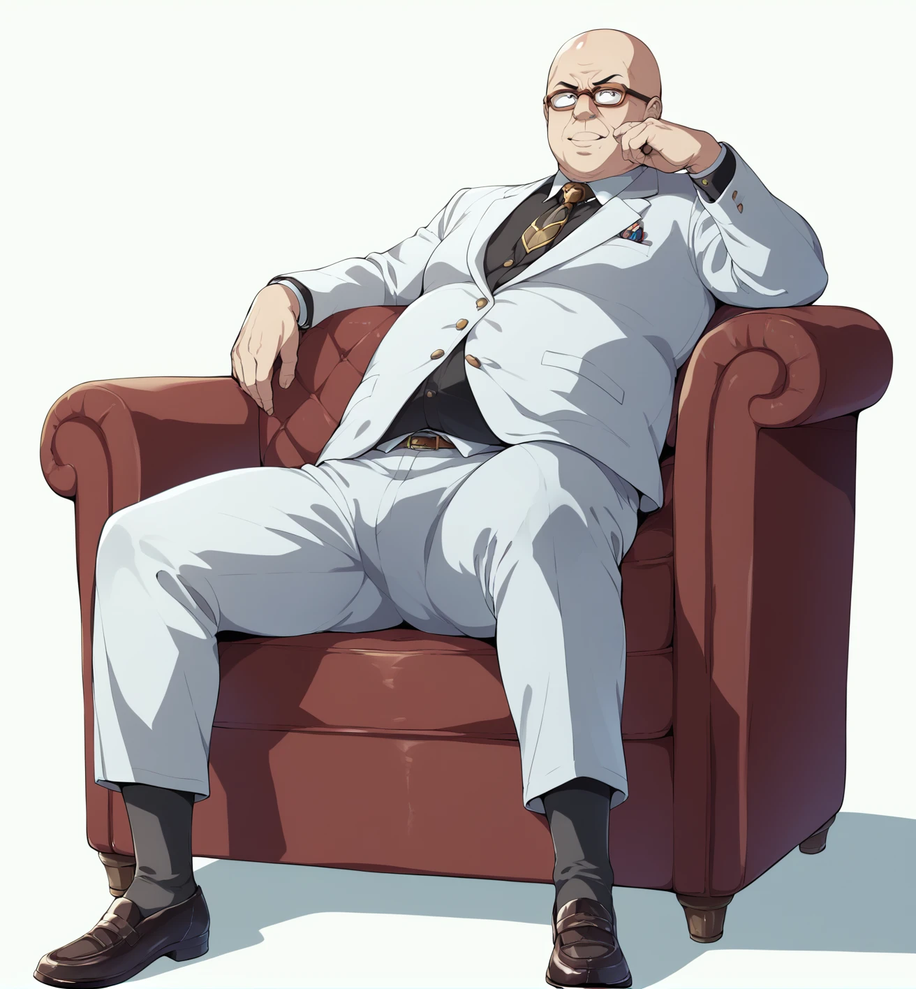 Ultra-detailed illustrations、Ultra-precise expression、masterpiece、Highest quality、ultra High resolution、High resolution、Hiromitsu Takeda Style、White background、Simple Background、sit、whole body、Luxurious sofa、Bulging crotch、Big crotch、White Suit、Black socks、One fat old man、Bald Head、No Face、solo、Leather shoes、