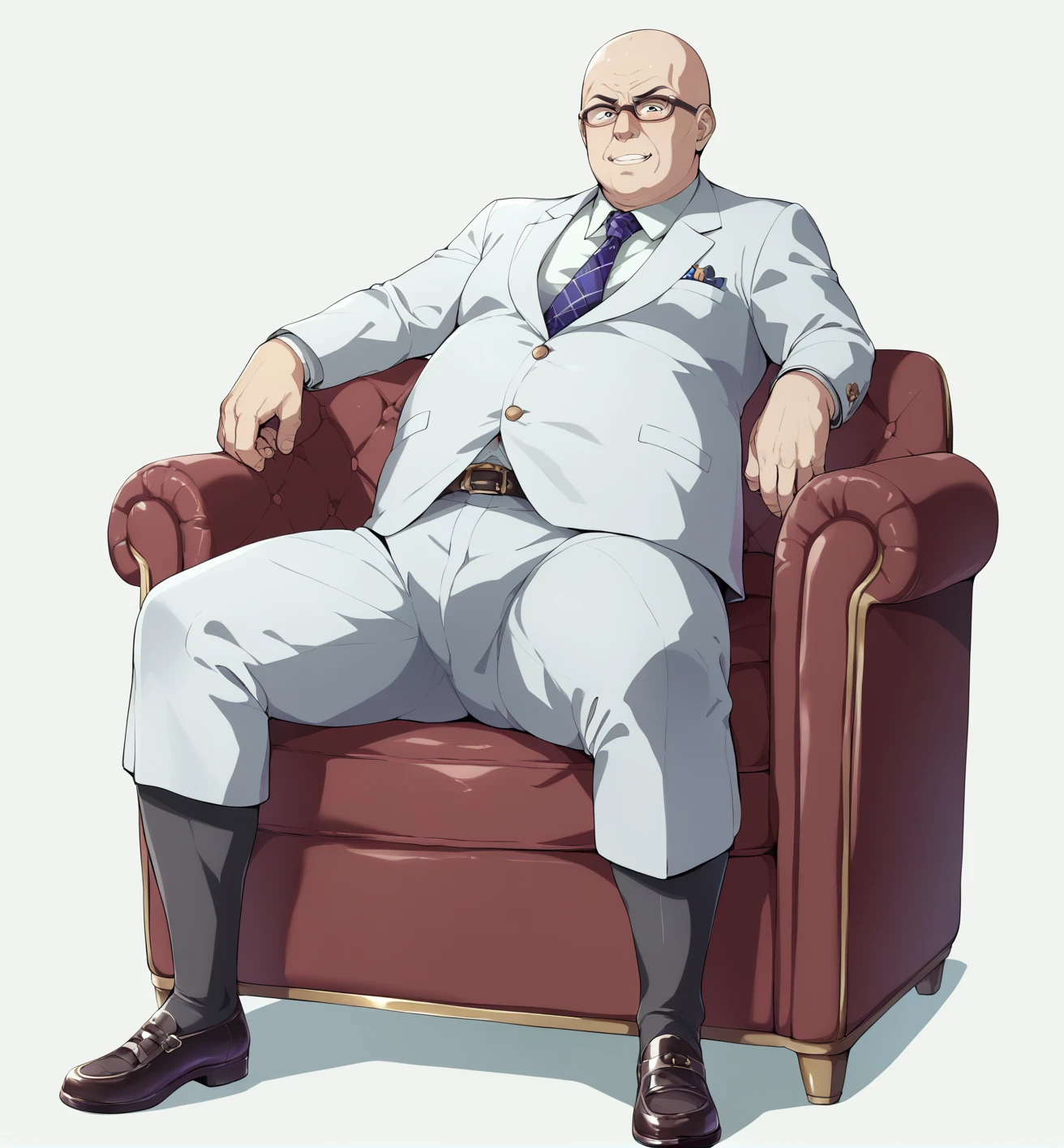 Ultra-detailed illustrations、Ultra-precise expression、masterpiece、Highest quality、ultra High resolution、High resolution、Hiromitsu Takeda Style、White background、Simple Background、sit、whole body、Luxurious sofa、Bulging crotch、Big crotch、White Suit、Black socks、One fat old man、Bald Head、No Face、solo、Leather shoes、