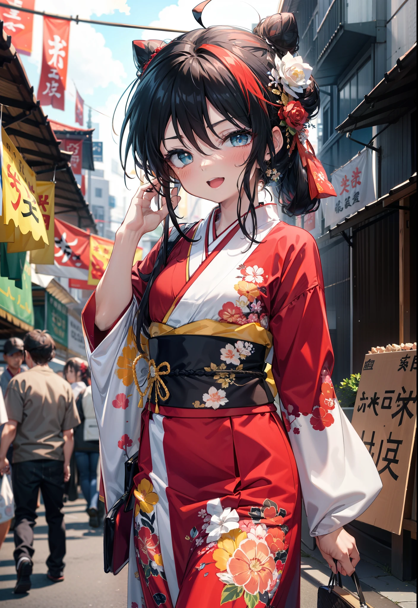 Shana,灼眼のShana,Long Hair, Red hair,Red eyes,Ahoge,smile,blush,Open your mouth,Hair Bun, single Hair Bun,blush,Red Kimono,Thick sleeves,Red long skirt,日本のfestival,夏festivalの屋台,Red lantern,So that the whole body goes into the illustration,Walking,　　　　　　　　　　　  break looking at viewer, Upper Body (Cowboy Shot:1. 5),  　　　　　　　　　　　　　　　　　　break outdoors, shrine,festival, 　　　　　　　　　　　　　break (masterpiece:1.2), Highest quality, High resolution, unity 8k wallpaper, (shape:0.8), (Beautiful and beautiful eyes:1.6), Highly detailed face, Perfect lighting, Highly detailed CG, (Perfect hands, Perfect Anatomy),