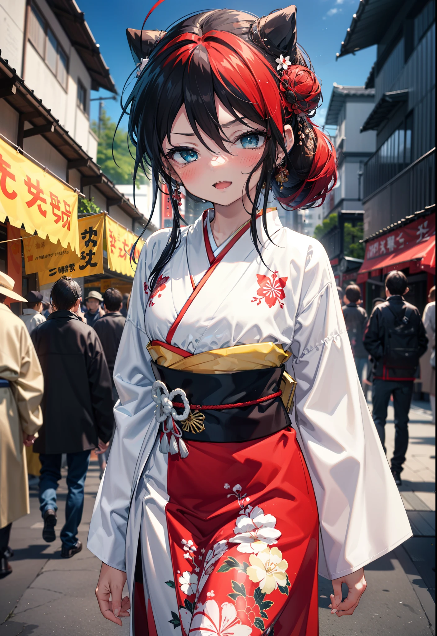 Shana,灼眼のShana,Long Hair, Red hair,Red eyes,Ahoge,smile,blush,Open your mouth,Hair Bun, single Hair Bun,blush,Red Kimono,Thick sleeves,Red long skirt,日本のfestival,夏festivalの屋台,Red lantern,So that the whole body goes into the illustration,Walking, break looking at viewer, Upper Body (Cowboy Shot:1. 5), break outdoors, shrine,festival, break (masterpiece:1.2), Highest quality, High resolution, unity 8k wallpaper, (shape:0.8), (Beautiful and beautiful eyes:1.6), Highly detailed face, Perfect lighting, Highly detailed CG, (Perfect hands, Perfect Anatomy),