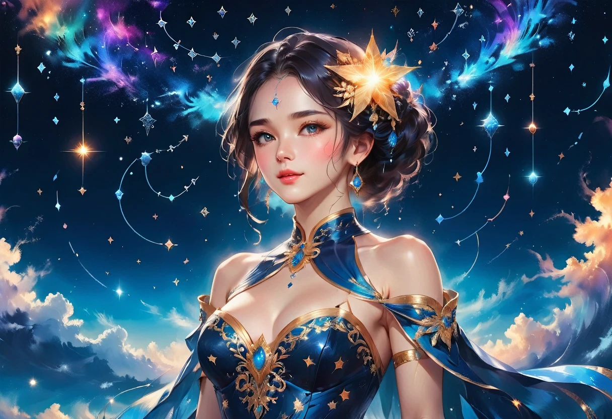 a portrait of an astrologer looking at libra constellation in the night sky, an extraordinary beautiful woman, there is magic in her eyes divining the future from the Libra constellation, dynamic hair color, dynamic hair style, wearing an intricate sapphire dress decorated with glowing stars, she looks to the night sky seeing the ((Libra constellation in the sky: 1.5)), vibrant, Ultra-high resolution, High Contrast, (masterpiece:1.5), highest quality, Best aesthetics), best details, best quality, highres, 16k, [ultra detailed], masterpiece, best quality, (extremely detailed), Cinematic Hollywood Film, magical sky, FireMagicAI, dark novel