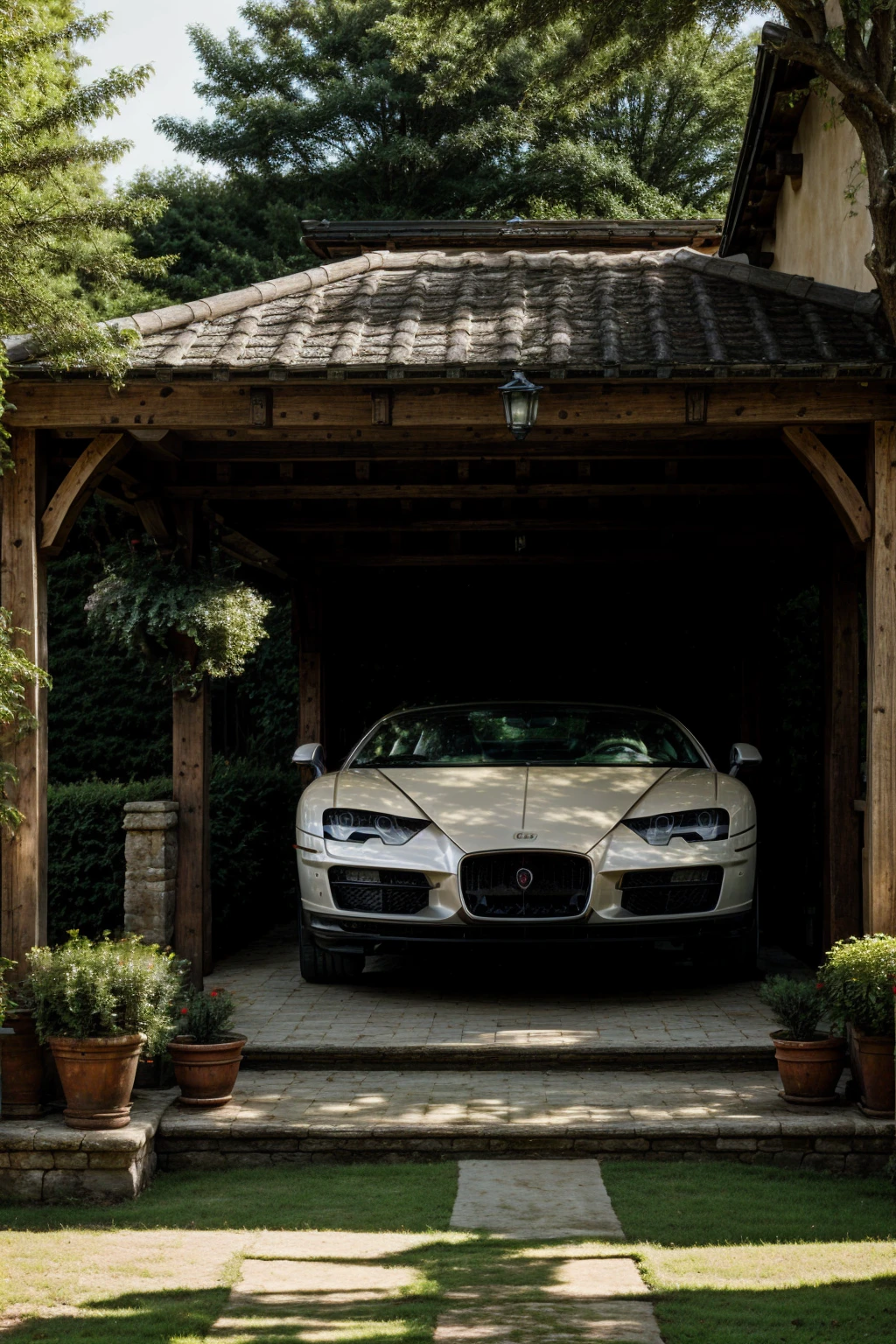 Luxury House, Big Carport with Bugatti Ferrari and Audi, Realistic, Dobermann in the Garden