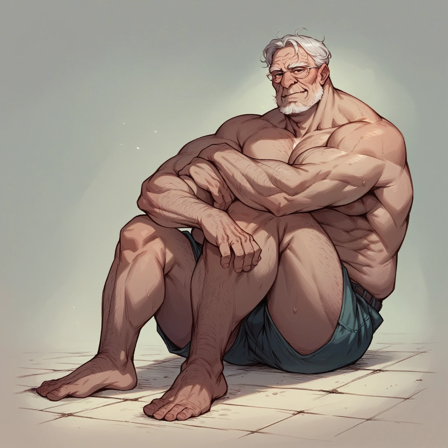 A large, muscular elderly man sitting on the floor with his legs crossed