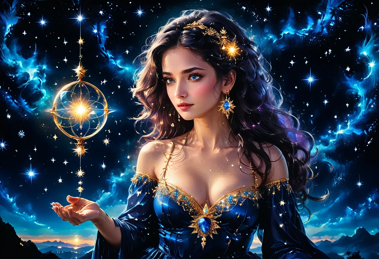 a portrait of an astrologer looking at libra constellation in the night sky, an extraordinary beautiful woman, there is magic in her eyes divining the future from the Libra constellation, dynamic hair color, dynamic hair style, wearing an intricate sapphire dress decorated with glowing stars, she looks to the night sky seeing the ((Libra constellation in the sky: 1.3)), vibrant, Ultra-high resolution, High Contrast, (masterpiece:1.5), highest quality, Best aesthetics), best details, best quality, highres, 16k, [ultra detailed], masterpiece, best quality, (extremely detailed), Cinematic Hollywood Film, magical sky, FireMagicAI, dark novel