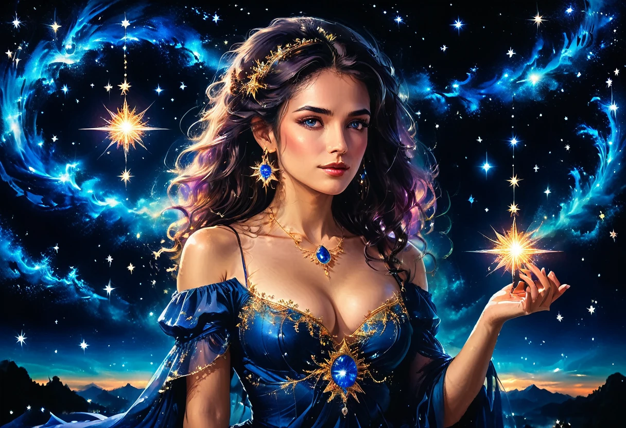 a portrait of an astrologer looking at libra constellation in the night sky, an extraordinary beautiful woman, there is magic in her eyes divining the future from the Libra constellation, dynamic hair color, dynamic hair style, wearing an intricate sapphire dress decorated with glowing stars, she looks to the night sky seeing the ((Libra constellation in the sky: 1.3)), vibrant, Ultra-high resolution, High Contrast, (masterpiece:1.5), highest quality, Best aesthetics), best details, best quality, highres, 16k, [ultra detailed], masterpiece, best quality, (extremely detailed), Cinematic Hollywood Film, magical sky, FireMagicAI, dark novel