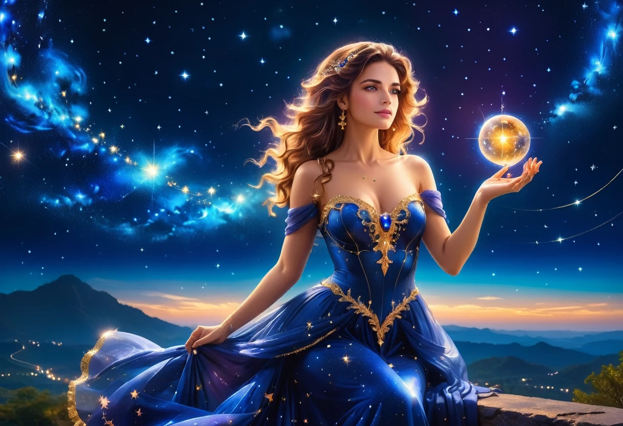 a portrait of an astrologer looking at libra constellation in the night sky, an extraordinary beautiful woman, there is magic in her eyes divining the future from the Libra constellation, dynamic hair color, dynamic hair style, wearing an intricate sapphire dress decorated with glowing stars, she looks to the night sky seeing the ((Libra constellation in the sky: 1.3)), vibrant, Ultra-high resolution, High Contrast, (masterpiece:1.5), highest quality, Best aesthetics), best details, best quality, highres, 16k, [ultra detailed], masterpiece, best quality, (extremely detailed), Cinematic Hollywood Film, magical sky, FireMagicAI