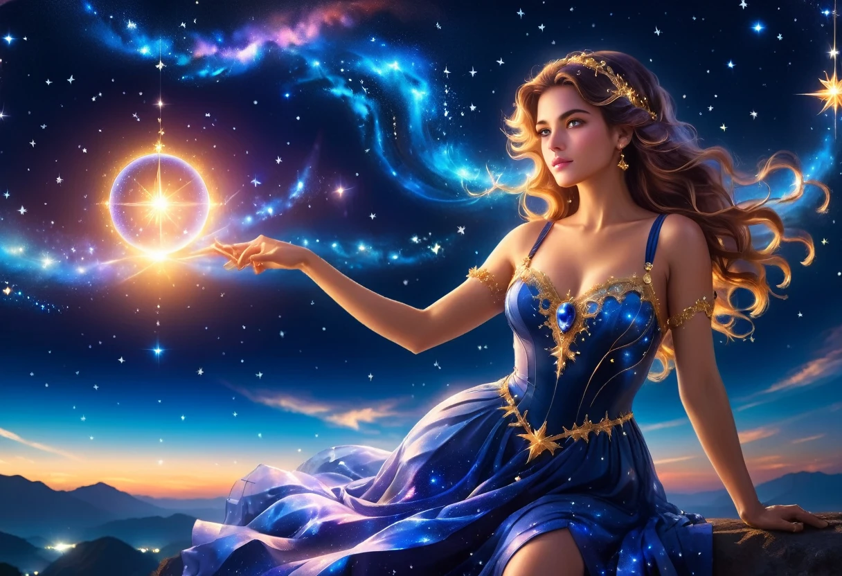 a portrait of an astrologer looking at libra constellation in the night sky, an extraordinary beautiful woman, there is magic in her eyes divining the future from the Libra constellation, dynamic hair color, dynamic hair style, wearing an intricate sapphire dress decorated with glowing stars, she looks to the night sky seeing the ((Libra constellation in the sky: 1.3)), vibrant, Ultra-high resolution, High Contrast, (masterpiece:1.5), highest quality, Best aesthetics), best details, best quality, highres, 16k, [ultra detailed], masterpiece, best quality, (extremely detailed), Cinematic Hollywood Film, magical sky, FireMagicAI