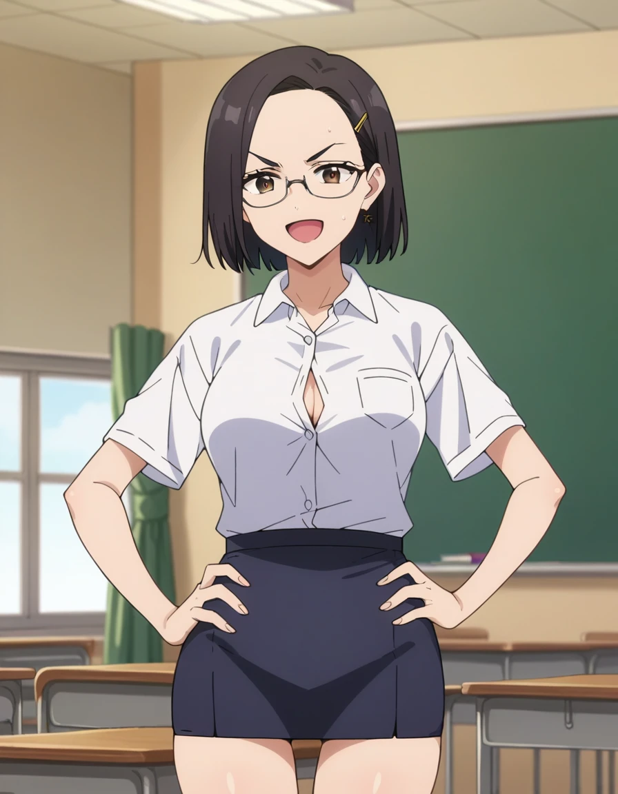 score_10, score_9, score_8_up, score_7_up, BREAK, source_anime, anime screencap, anime coloring, detailed face, a stiff-looking beautiful female teacher, detailed beautiful big brown eyes, large breasts, 36 years old, milf, black hair, skinny, One length medium bob hair, asymmetry_bangs, forehead, hair behind ear, black hairpin, Wears glasses, white shirts, short sleeves, button gap, black micro skirt, skintight, zettai ryouiki thighhighs, visible black lace thong, teaching in front of the blackboard, (holding a textbook, hand on hip), smile, shaped eyebrows, open mouth, classroom, thigh gap, armpit sweat stain, unshaven hairy natural public hair