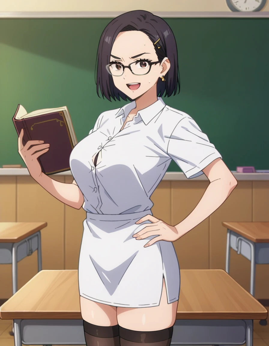 score_10, score_9, score_8_up, score_7_up, BREAK, source_anime, anime screencap, anime coloring, detailed face, a stiff-looking beautiful female teacher, detailed beautiful big brown eyes, large breasts, 36 years old, milf, black hair, skinny, One length medium bob hair, asymmetry_bangs, forehead, hair behind ear, black hairpin, Wears glasses, white shirts, short sleeves, button gap, black micro skirt, skintight, zettai ryouiki thighhighs, visible black lace thong, teaching in front of the blackboard, (holding a textbook, hand on hip), smile, shaped eyebrows, open mouth, classroom, thigh gap, armpit sweat stain, unshaven hairy natural public hair