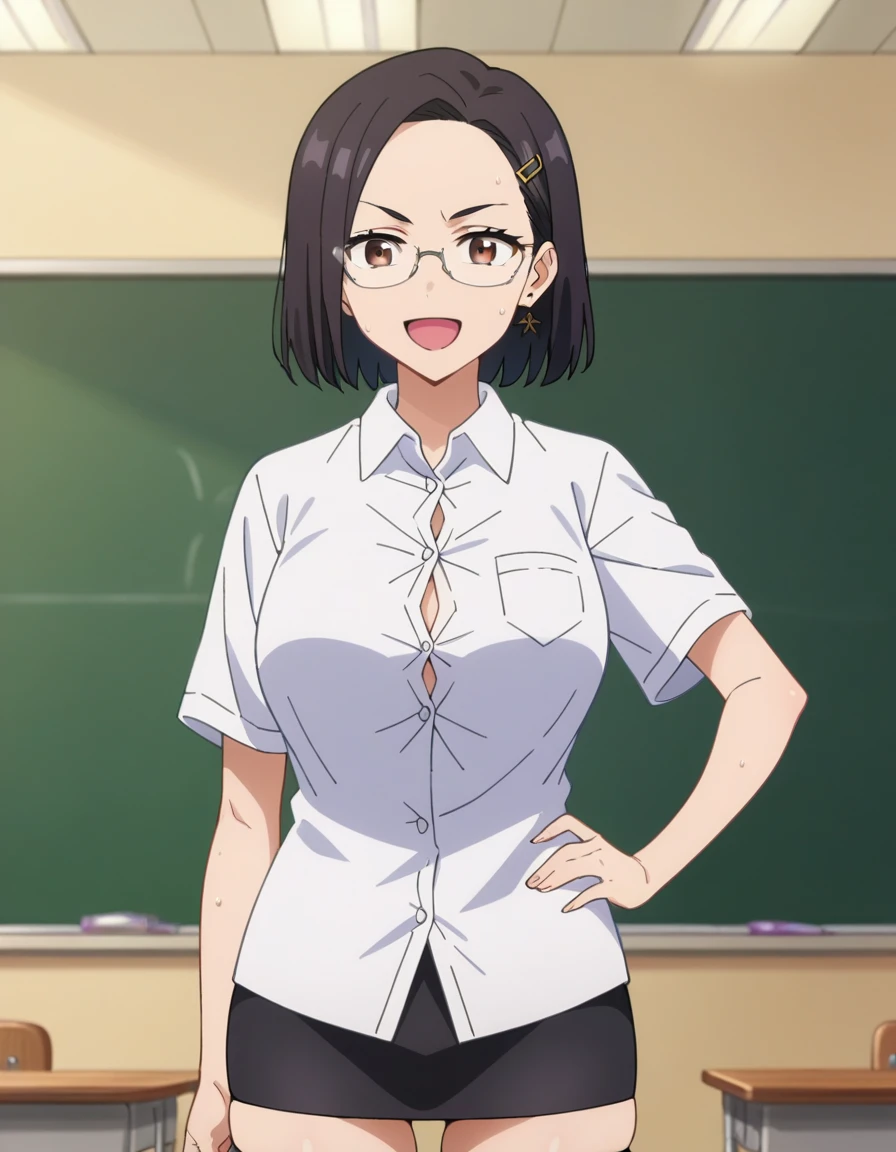 score_10, score_9, score_8_up, score_7_up, BREAK, source_anime, anime screencap, anime coloring, detailed face, a stiff-looking beautiful female teacher, detailed beautiful big brown eyes, large breasts, 36 years old, milf, black hair, skinny, One length medium bob hair, asymmetry_bangs, forehead, hair behind ear, black hairpin, Wears glasses, white shirts, short sleeves, button gap, black micro skirt, skintight, zettai ryouiki thighhighs, visible black lace thong, teaching in front of the blackboard, (holding a textbook, hand on hip), smile, shaped eyebrows, open mouth, classroom, thigh gap, armpit sweat stain, unshaven hairy natural public hair