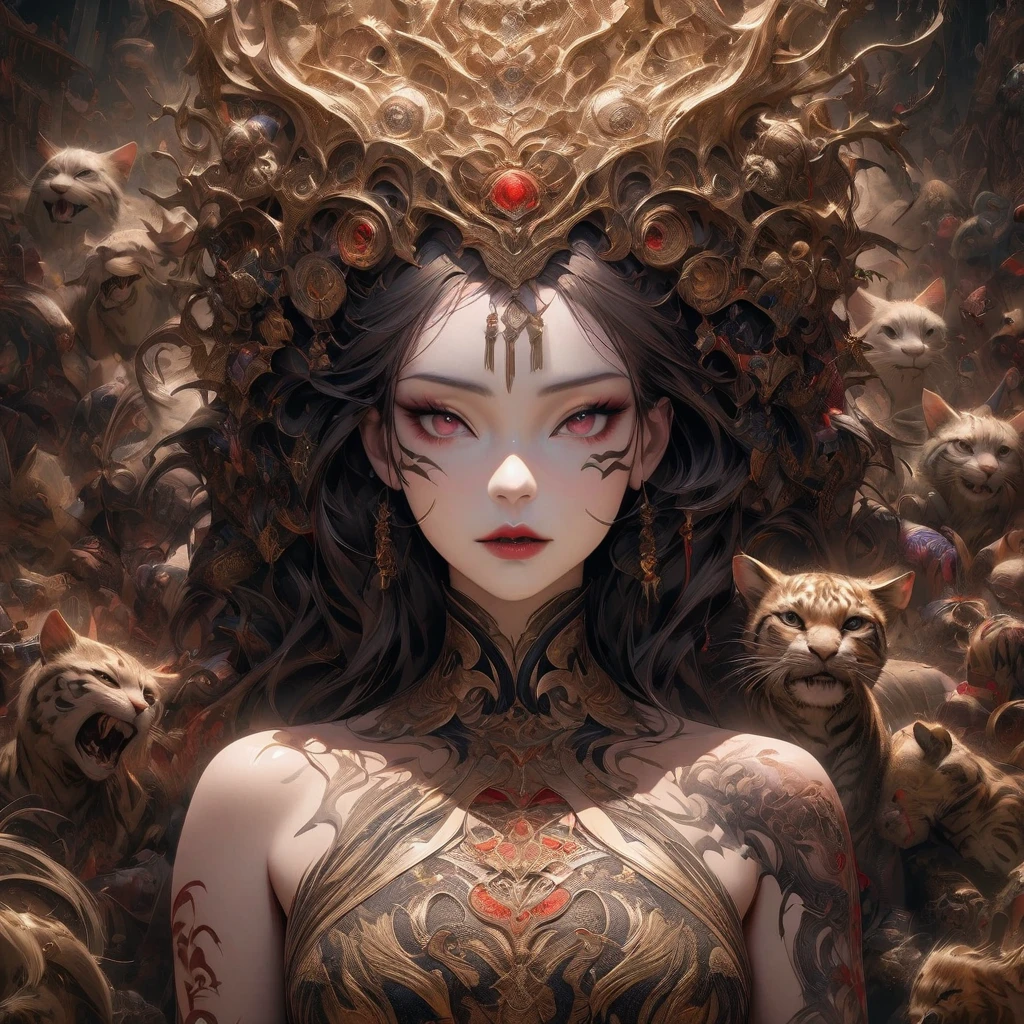 [intricate and detailed masterpiece of a demon, realistic 4k image], the goddess is of human-feline race, she is decorated with intricate tiger tattoos, wearing a demonic outfit with magical embroidery, being in a vast chaotic place