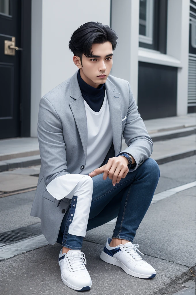 Man wearing white blouse,navy blue jacket,black jeans and white and blue sneakers ,in a gray setting