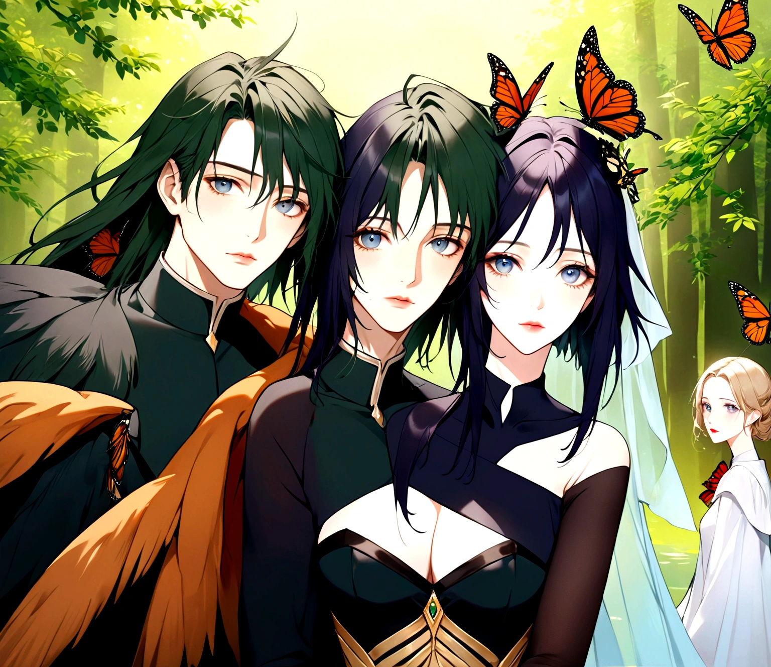 a beautiful couple, a man and a woman, monarch butterflies, detailed realistic portrait, beautiful detailed eyes, beautiful detailed lips, extremely detailed face and skin, long eyelashes, elegant formal dress, romantic soft lighting, warm color tones, cinematic composition, photorealistic, 8k, high resolution, masterpiece, digital art
