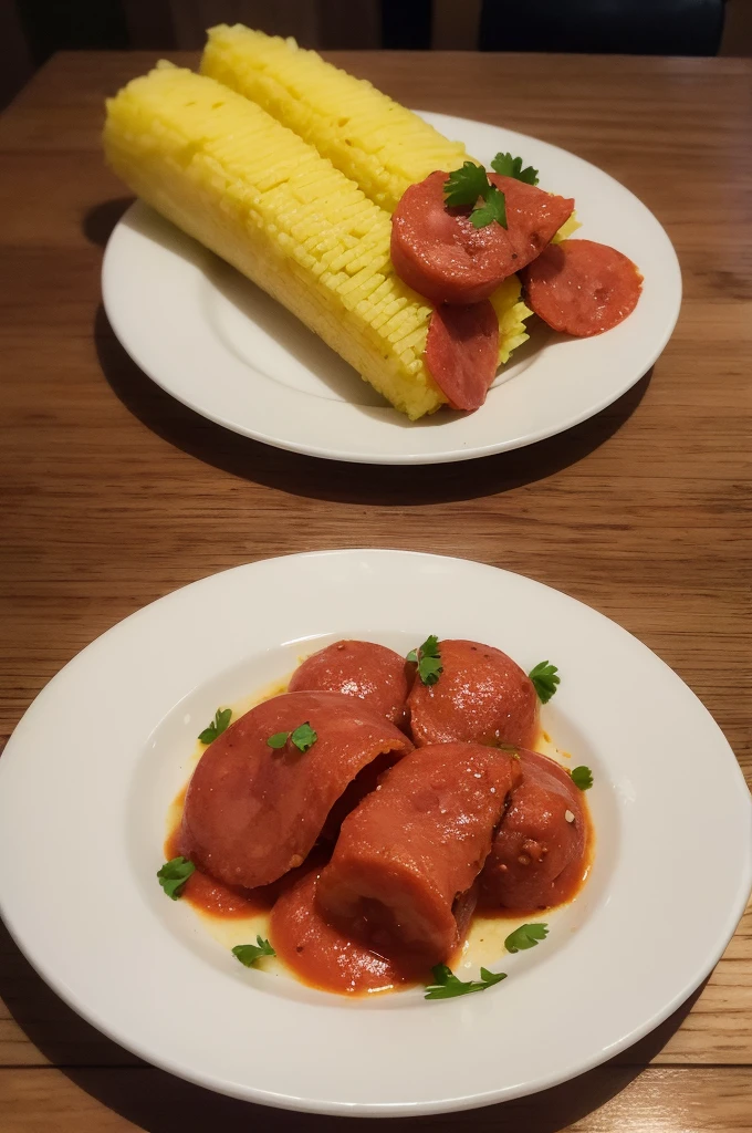 plate of food with sliced pepperoni and brazilian manioc flour, photo realistic, 4k, real plate, white plate, good quality, hd, brazilian food, brazilian farofa, parsley