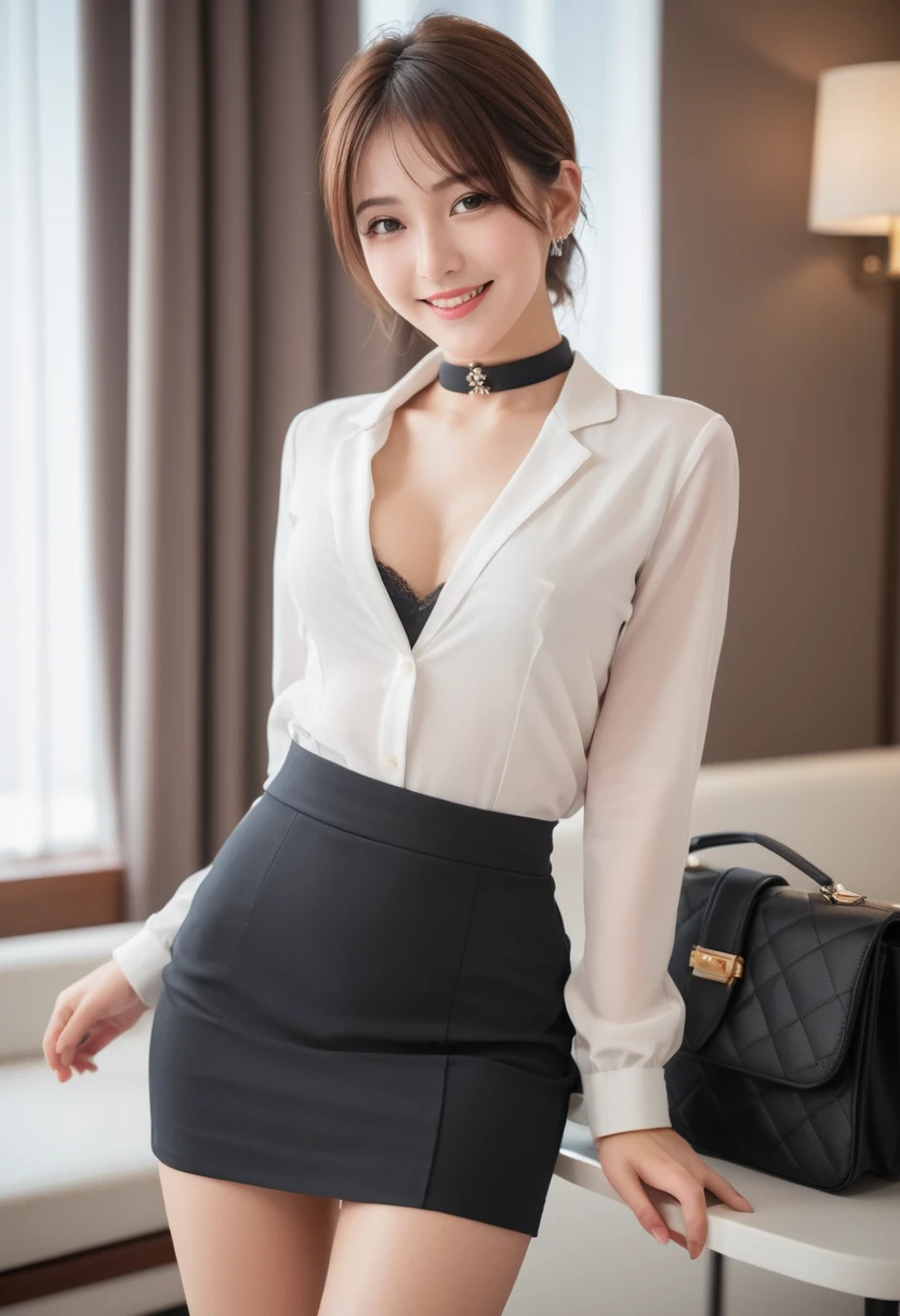23-year-old woman wears daring miniskirt in luxury room, rear view, daring pose，office suit, black, a garter belt, None and white shirt., choker necklace, smile,Young and beautiful gravure idol., Young gravure idols, Young gravure idols, Young and slim gravure idol, Beautiful idols printed in gravure., in a table, The best quality at the best., Extremely detailed RAW color photos, Professional quality photos
