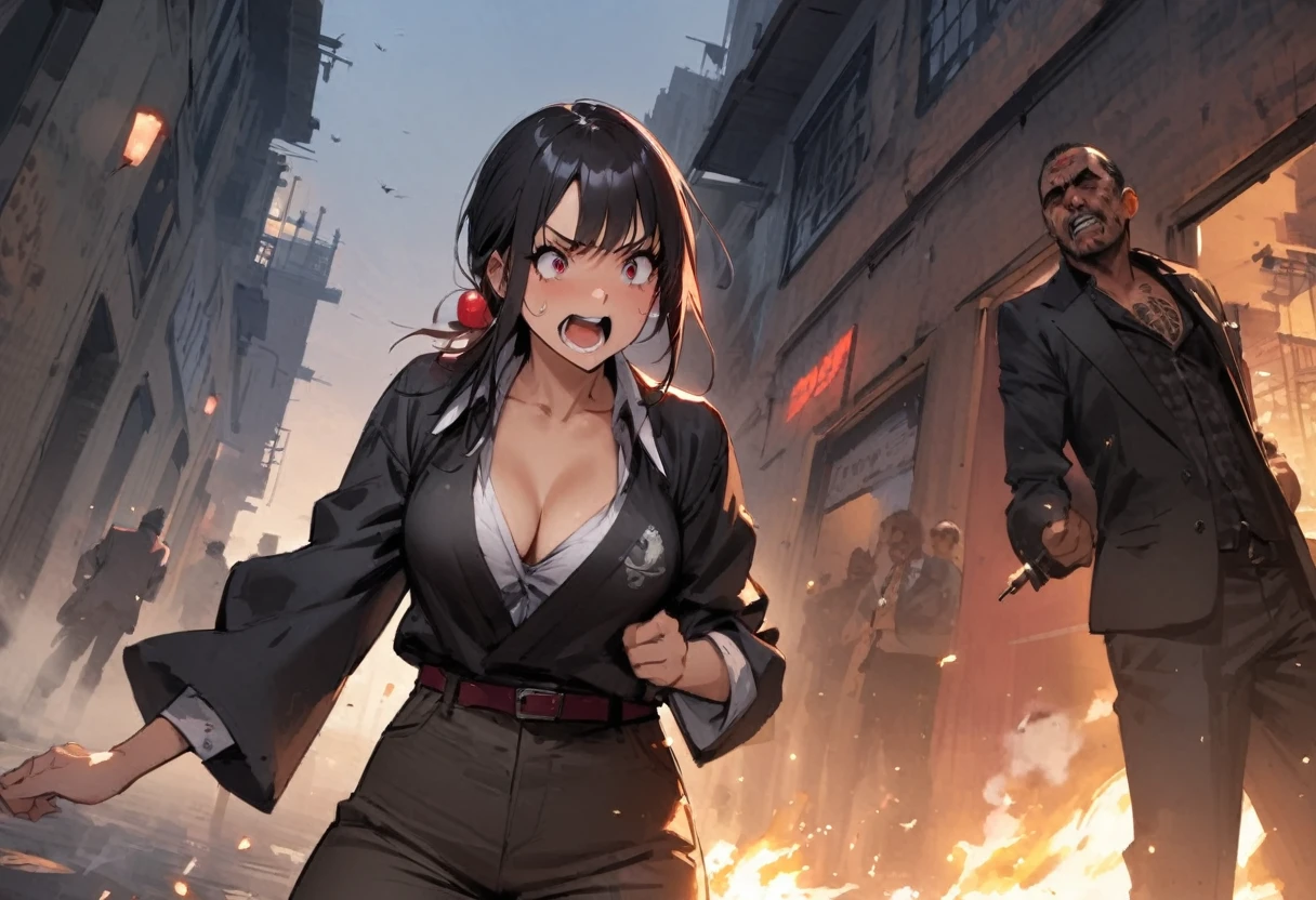 A girl is trying to escape、Girls hate it、Yakuza Office、Yakuza、scared、fear、building、background、Dynamic Angle、masterpiece、best quality、ultra-detail、Japanese Mafia、Yakuza hideout、gang、Boss's Room、Thug's Room