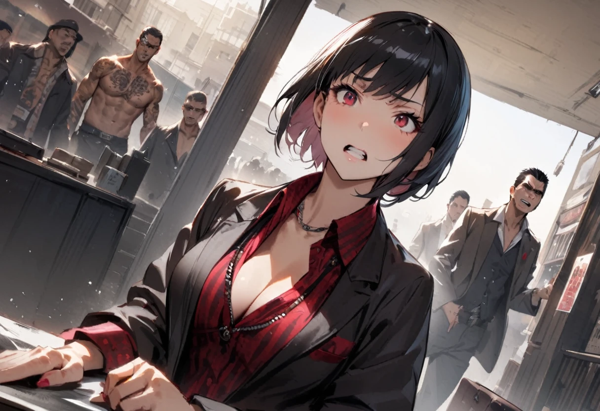 A girl is trying to escape、Girls hate it、Yakuza Office、Yakuza、scared、fear、building、background、Dynamic Angle、masterpiece、best quality、ultra-detail、Japanese Mafia、Yakuza hideout、gang、Boss&#39;s Room、Thug&#39;s Room
