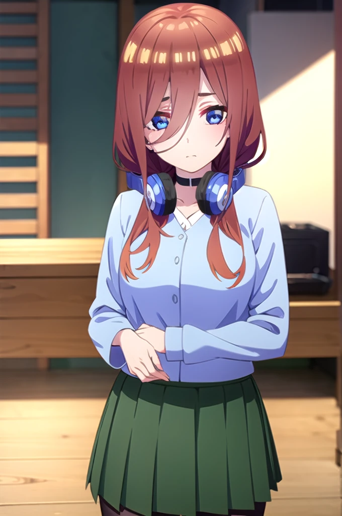 mikunakano, miku nakano, long hair, bangs, blue eyes, brown hair, shirt, hair between eyes, headphones, cardigan, headphones around neck, BREAK skirt, shirt, long sleeves, white shirt,cleavege,neckline, black choker,wet shirt,nipples, pantyhose, pleated skirt, black pantyhose, green skirt, BREAK indoors, classroom,school, BREAK looking at viewer, BREAK (masterpiece:1.2), best quality, high resolution, unity 8k wallpaper, (illustration:0.8), (beautiful detailed eyes:1.6), extremely detailed face, perfect lighting, extremely detailed CG, (perfect hands, perfect anatomy),