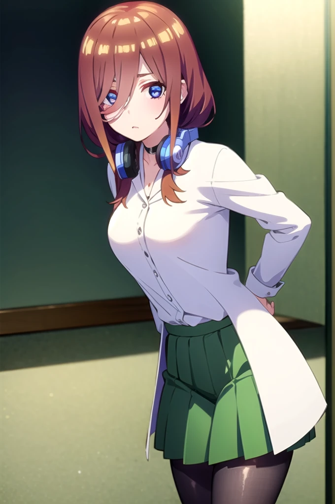 mikunakano, miku nakano, long hair, bangs, blue eyes, brown hair, shirt, hair between eyes, headphones, cardigan, headphones around neck, BREAK skirt, shirt, long sleeves, white shirt,cleavege,neckline, black choker,wet shirt,nipples, pantyhose, pleated skirt, black pantyhose, green skirt, BREAK indoors, classroom,school, BREAK looking at viewer, BREAK (masterpiece:1.2), best quality, high resolution, unity 8k wallpaper, (illustration:0.8), (beautiful detailed eyes:1.6), extremely detailed face, perfect lighting, extremely detailed CG, (perfect hands, perfect anatomy),