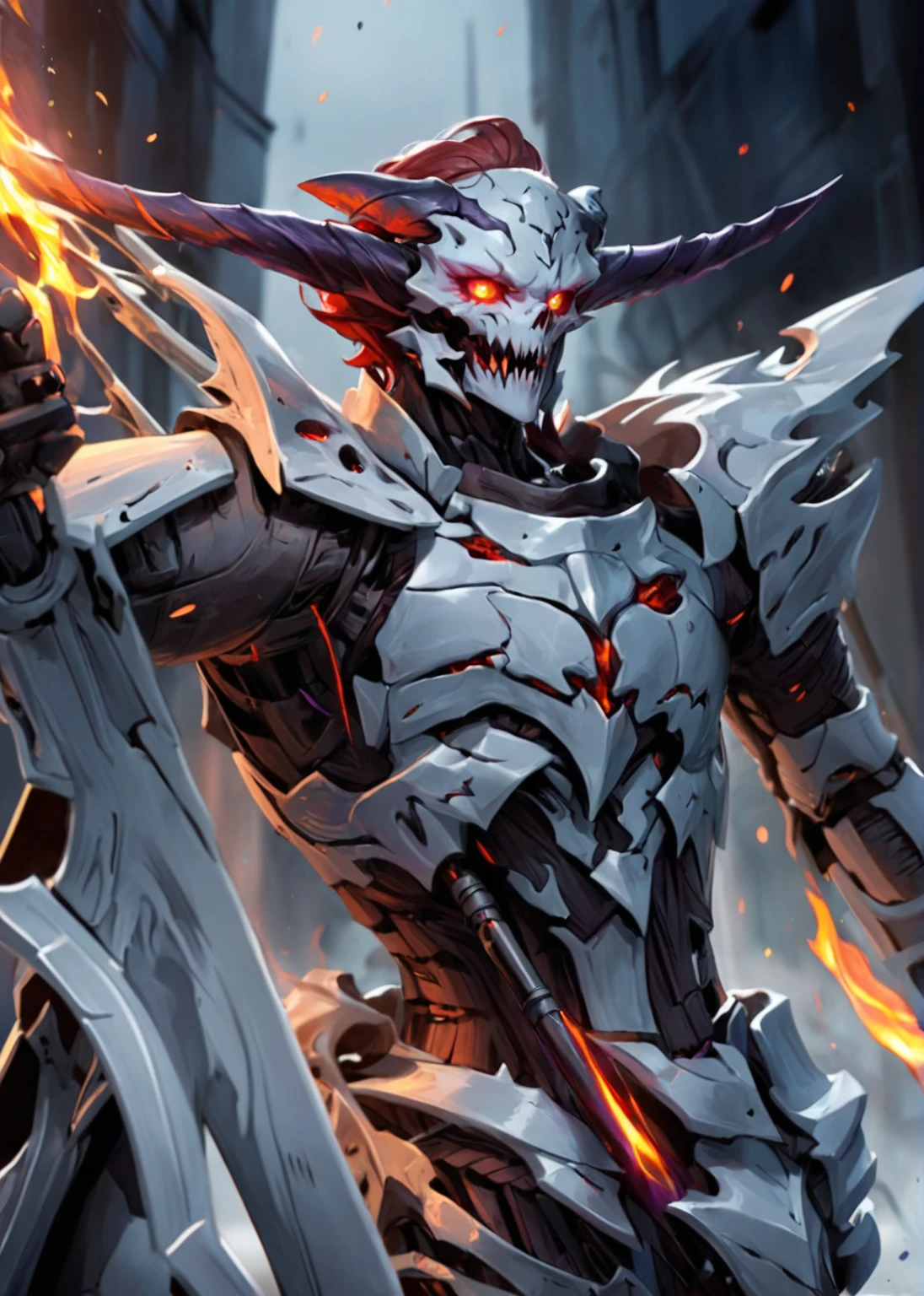 A demon girl with a skeletal body in armor, her entire body exudes a purple aura in the form of blue and purple fire, piercing red eyes.