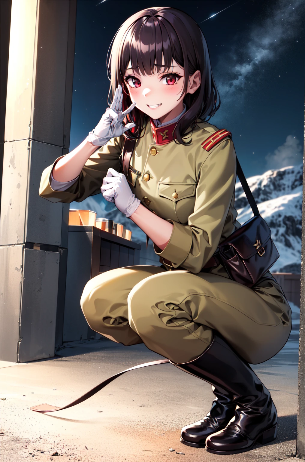 masterpiece, Highest quality, Absurd, High resolution, Very detailed, One Girl, alone, Cowboy Shot, ((IJA Taisho, Khaki uniform, Combatant,Golden Sling,General Positions, 左chestにメダル,)),Black long boots,medium chest,  chest,  Tight waist,  Black Hair,  Blunt bangs, Red eyes, Conceit,Wicked Smile,  White gloves, holster, Leather Belt Pouch,  combustion, Night Sky, battlefield, crater,chestをはだけさせる、Attractive face、Expand the vagina with both hands,pussy,(fellatio gesture),In the mountains,Shaved pussy,Squat