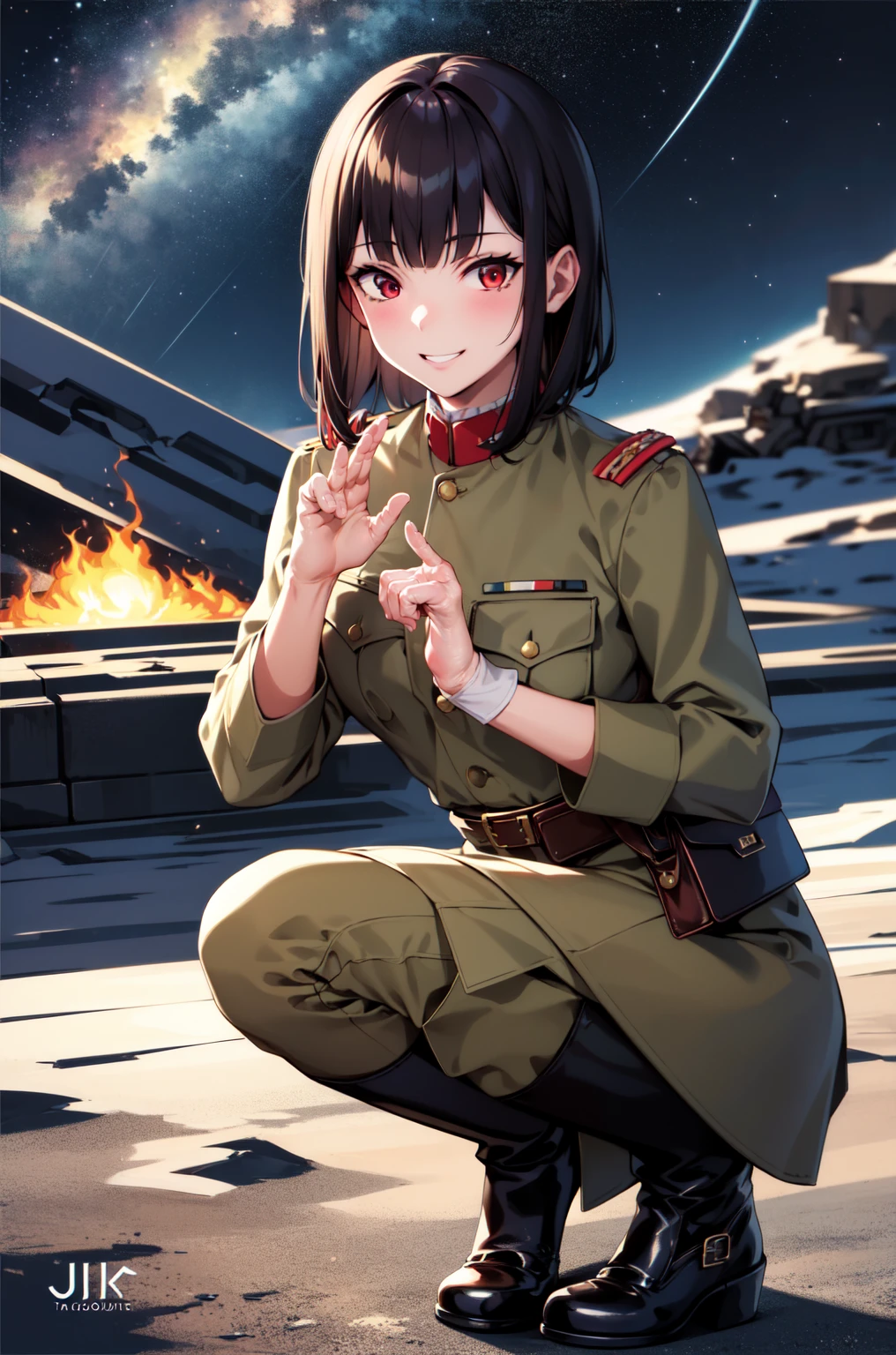 masterpiece, Highest quality, Absurd, High resolution, Very detailed, One Girl, alone, Cowboy Shot, ((IJA Taisho, Khaki uniform, Combatant,Golden Sling,General Positions, 左chestにメダル,)),Black long boots,medium chest,  chest,  Tight waist,  Black Hair,  Blunt bangs, Red eyes, Conceit,Wicked Smile,  White gloves, holster, Leather Belt Pouch,  combustion, Night Sky, battlefield, crater,chestをはだけさせる、Attractive face、Expand the vagina with both hands,pussy,(fellatio gesture),In the mountains,Shaved pussy,Squat