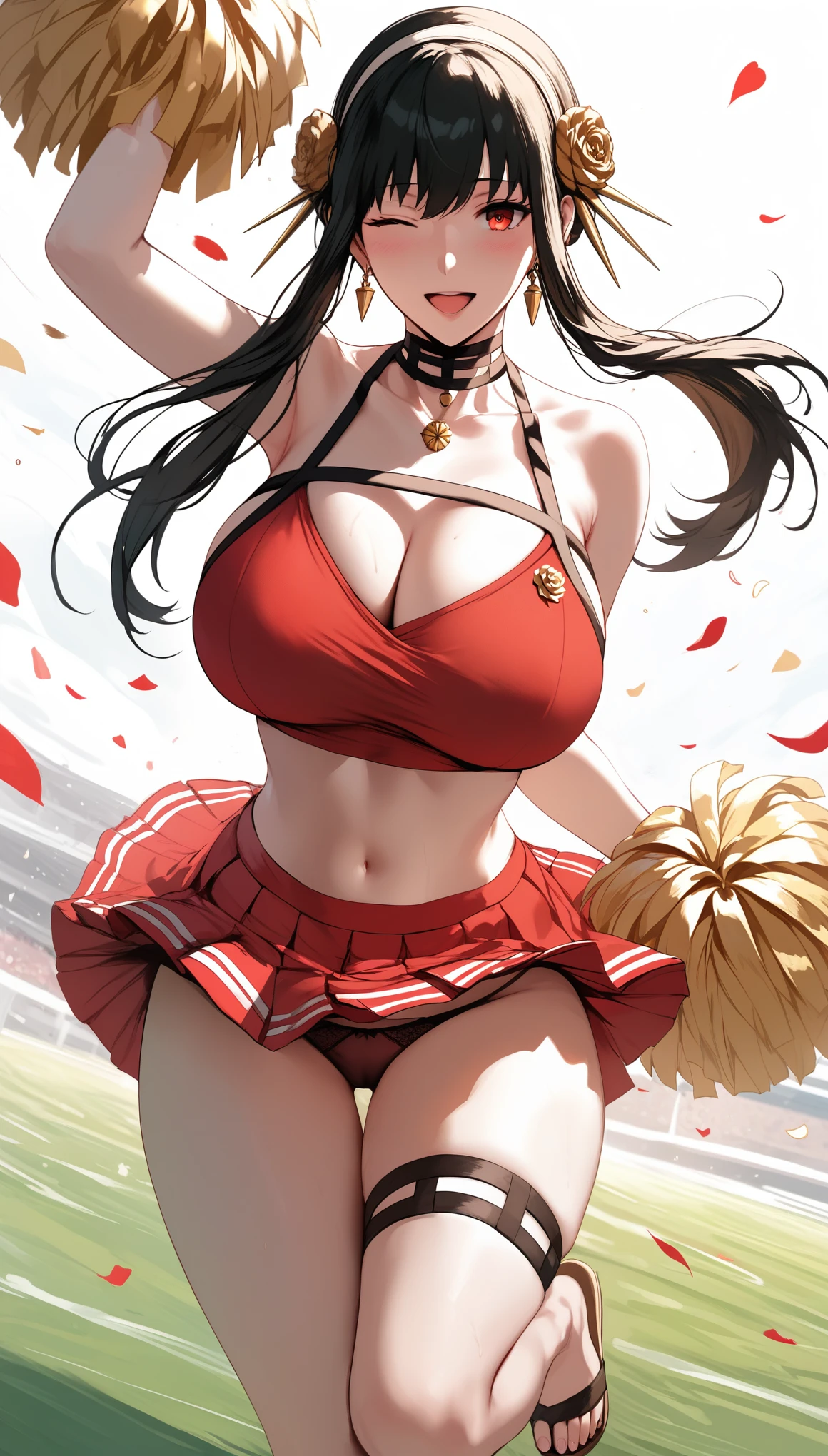 (hews art style:0.7), score_9, score_8_up, score_7_up, score_6_up, uncensored, yor briar, black hair, white hairband, red eyes, sidelocks, BREAK (masterpiece:1.2), best quality, high resolution, (beautiful detailed eyes:1.3), perfect lighting, (perfect hands, perfect anatomy), hearts, pleasured, huge breasts, 1girl, breasts, pom pom \(cheerleading\), cheerleader, solo, skirt, one eye closed, navel, smile, midriff, crop top, open mouth, full body, panties, field, looking at viewer, underwear, white background, pleated skirt, thigh strap, thighs, sandals, sleeveless, arm up, bare shoulders, choker
